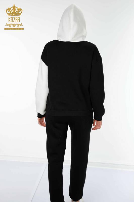 Wholesale Women's Tracksuit Set Hooded Black White - 17468 | KAZEE