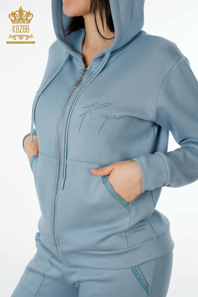 Wholesale Women's Tracksuit Set Hooded Blue - 17427 | KAZEE - 3
