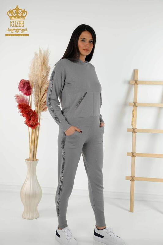 Wholesale Women's Tracksuit Set - Hooded - Gray - 16669 | KAZEE