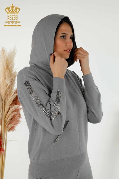 Wholesale Women's Tracksuit Set - Hooded - Gray - 16669 | KAZEE - Thumbnail