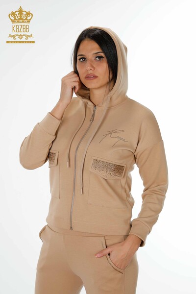 Wholesale Women's Tracksuit Set Hooded Pocket Camel - 17426 | KAZEE - 2