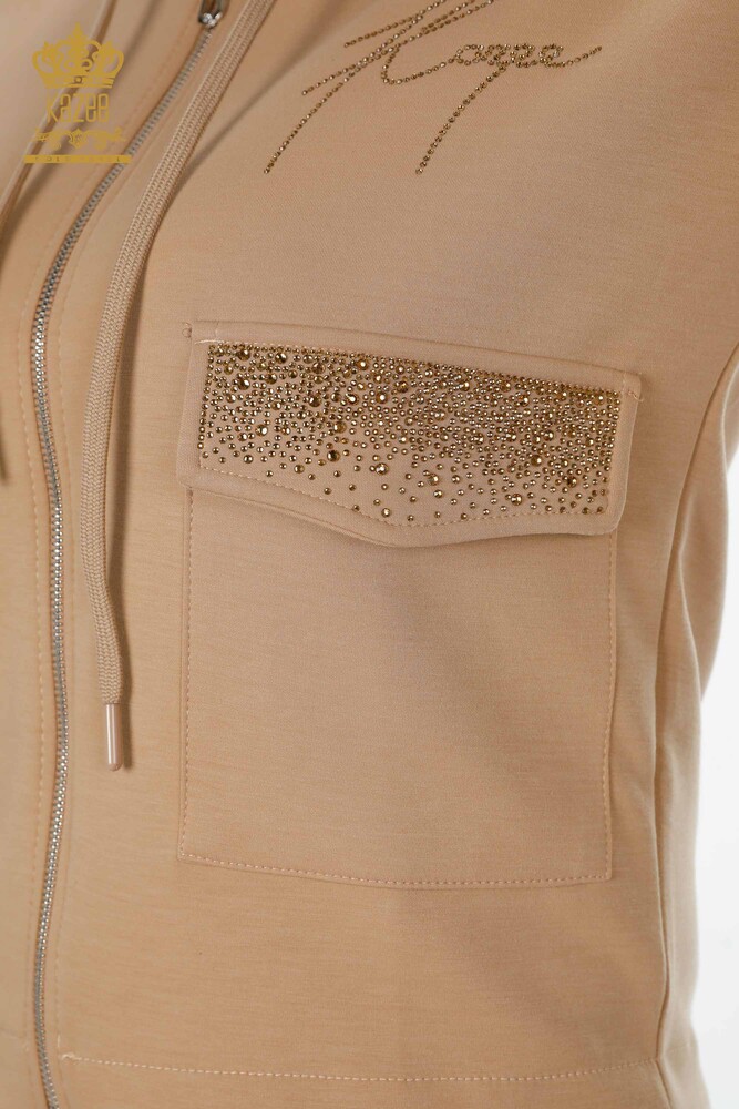 Wholesale Women's Tracksuit Set Hooded Pocket Camel - 17426 | KAZEE - 5