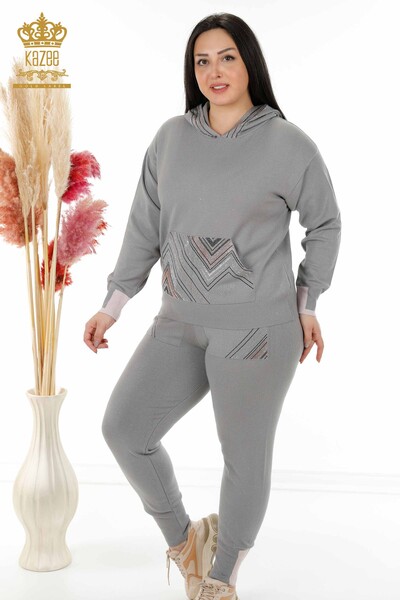 Wholesale Women's Tracksuit Set With Hooded Pocket Gray - 16453 | KAZEE - Thumbnail