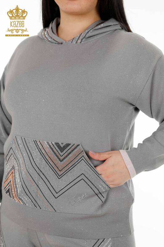 Wholesale Women's Tracksuit Set With Hooded Pocket Gray - 16453 | KAZEE