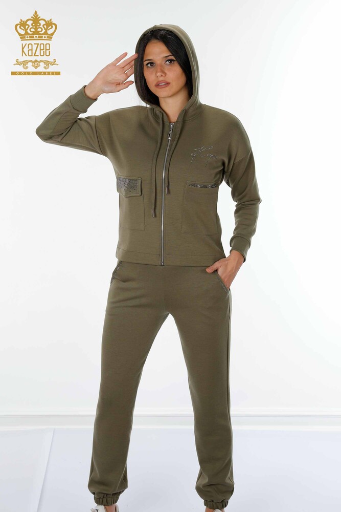 Wholesale Women's Tracksuit Set Hooded Pocket Khaki - 17426 | KAZEE - 2