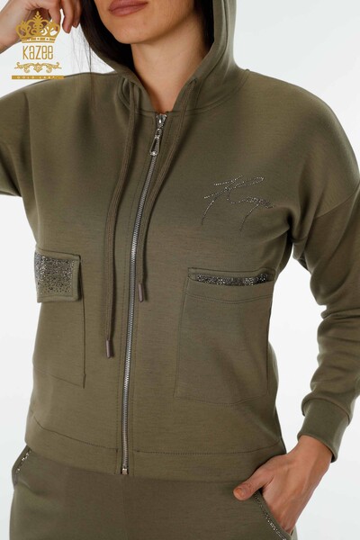 Wholesale Women's Tracksuit Set Hooded Pocket Khaki - 17426 | KAZEE - 3