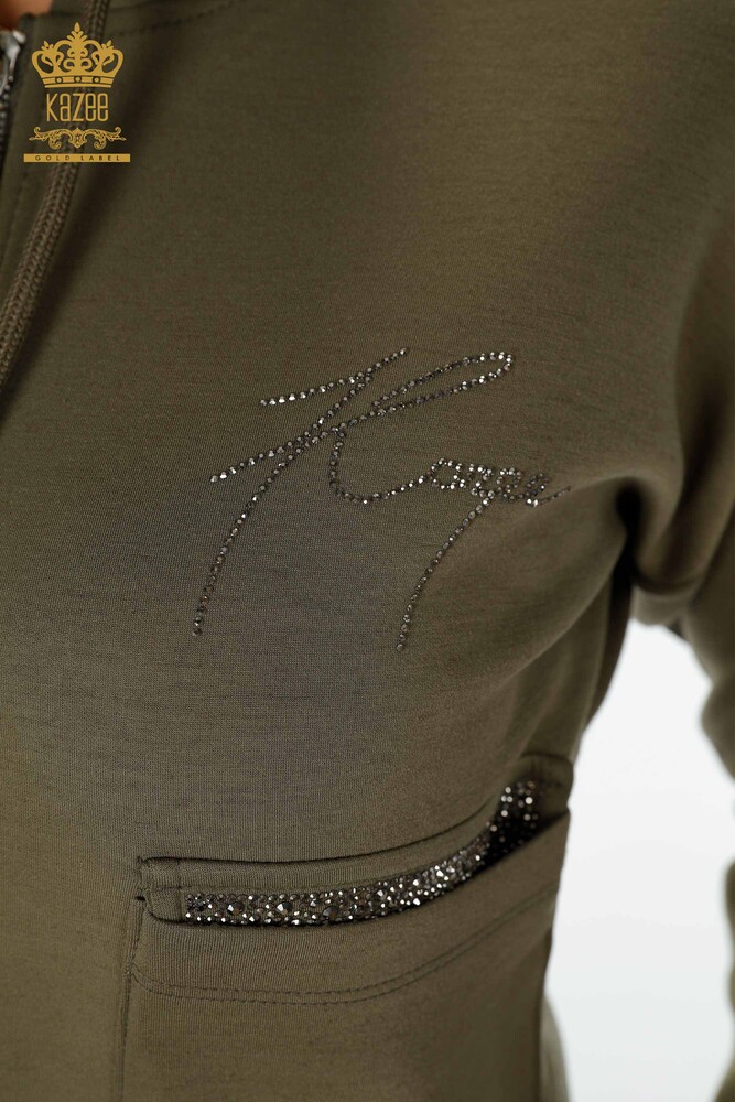 Wholesale Women's Tracksuit Set Hooded Pocket Khaki - 17426 | KAZEE - 4