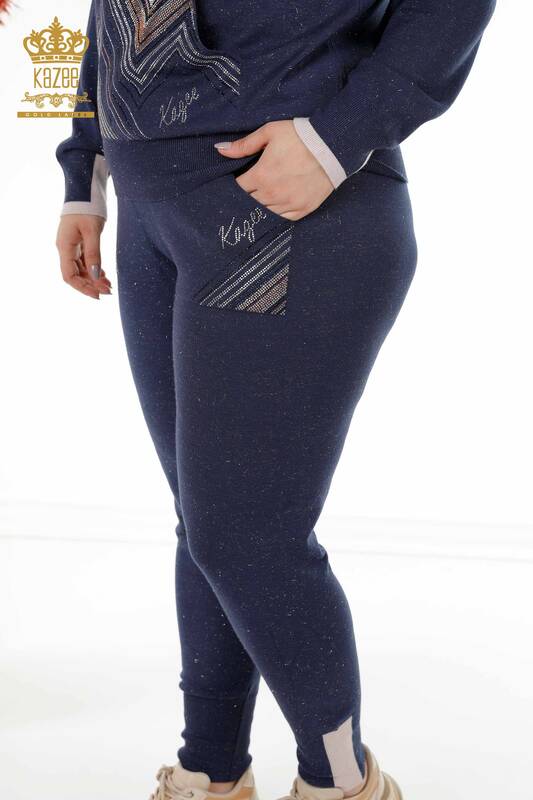Wholesale Women's Tracksuit Set With Hooded Pockets Navy - 16453 | KAZEE