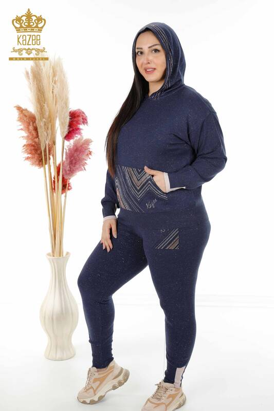 Wholesale Women's Tracksuit Set With Hooded Pockets Navy - 16453 | KAZEE