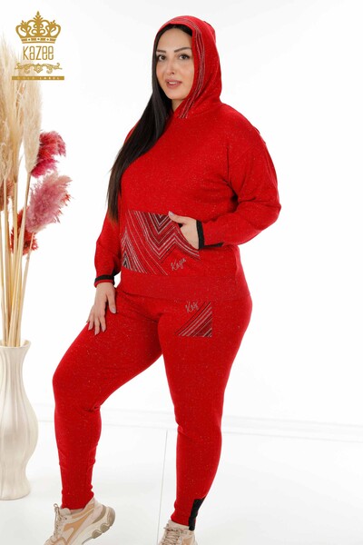 Wholesale Women's Tracksuit Set With Hooded Pocket Red - 16453 | KAZEE - Thumbnail