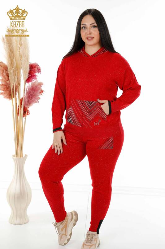 Wholesale Women's Tracksuit Set With Hooded Pocket Red - 16453 | KAZEE