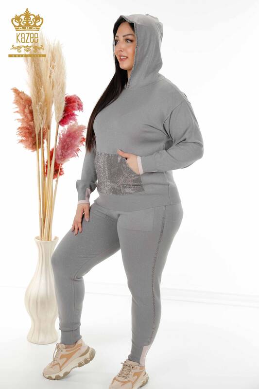 Wholesale Women's Tracksuit Set Hooded Stone Embroidered Gray - 16501 | KAZEE