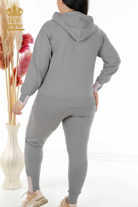 Wholesale Women's Tracksuit Set Hooded Stone Embroidered Gray - 16501 | KAZEE
