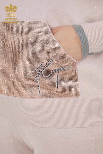 Wholesale Women's Tracksuit Set Hooded Stone Embroidered Powder - 16501 | KAZEE - Thumbnail