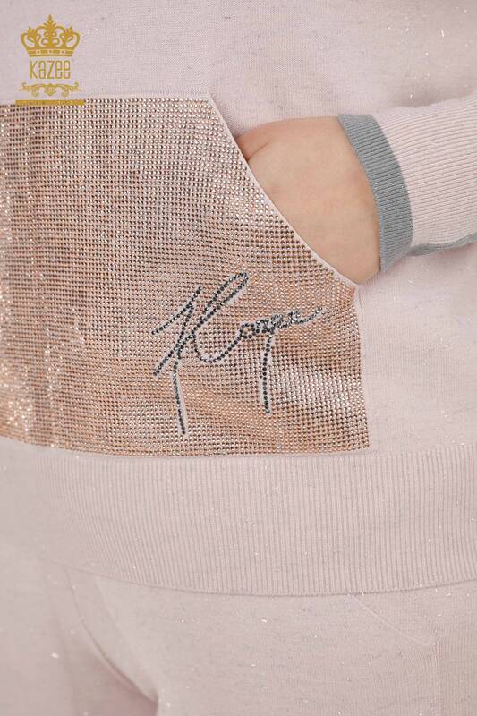 Wholesale Women's Tracksuit Set Hooded Stone Embroidered Powder - 16501 | KAZEE