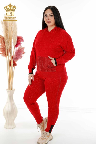 Wholesale Women's Tracksuit Set Hooded Stone Embroidered Red - 16501 | KAZEE - Thumbnail