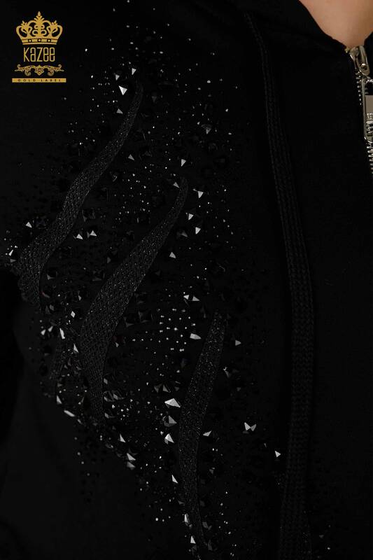 Wholesale Women's Tracksuit Set Hooded Zippered - Black - 17531 | KAZEE