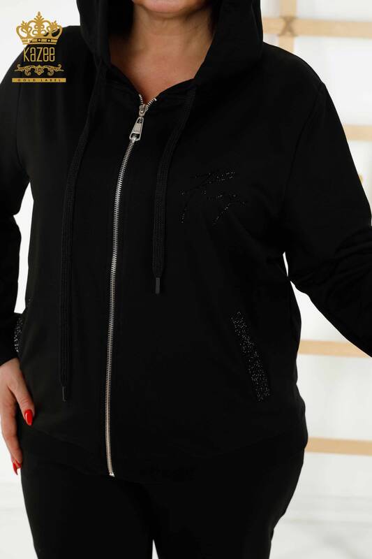 Wholesale Women's Tracksuit Set Hooded Zipper Black - 17501 | KAZEE