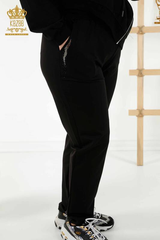 Wholesale Women's Tracksuit Set Hooded Zipper Black - 17538 | KAZEE