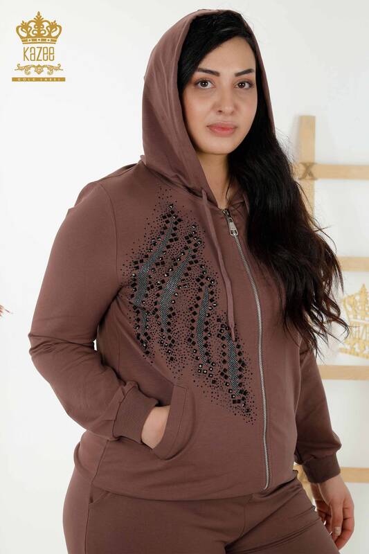 Wholesale Women's Tracksuit Set Hooded Zippered - Brown - 17531 | KAZEE
