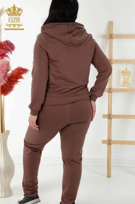 Wholesale Women's Tracksuit Set Hooded Zippered - Brown - 17531 | KAZEE