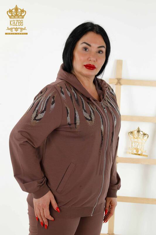 Wholesale Women's Tracksuit Set Hooded Zipper Brown - 17538 | KAZEE