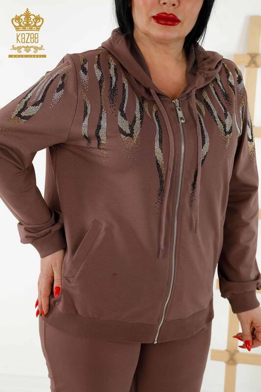 Wholesale Women's Tracksuit Set Hooded Zipper Brown - 17538 | KAZEE