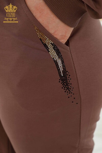 Wholesale Women's Tracksuit Set Hooded Zipper Brown - 17538 | KAZEE - Thumbnail