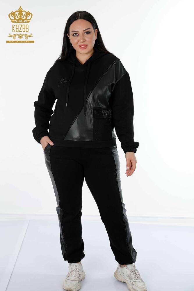Wholesale Women's Tracksuit Set Leather Detailed Black - 17467 | KAZEE - 1