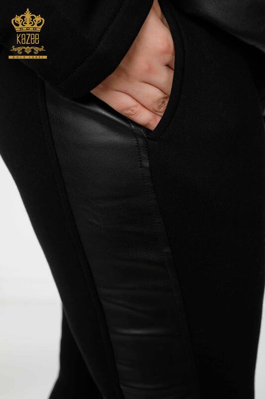 Wholesale Women's Tracksuit Set Leather Hoodie Black - 17293 | KAZEE
