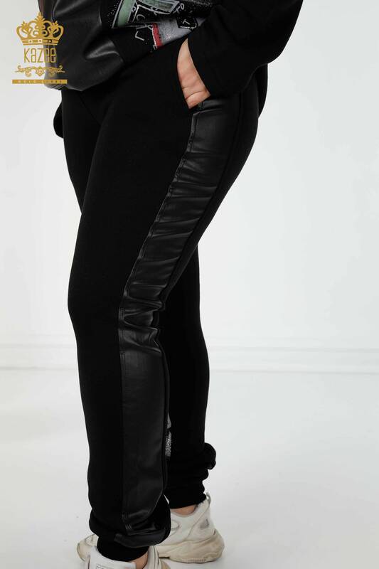 Wholesale Women's Tracksuit Set Leather Hoodie Black - 17293 | KAZEE