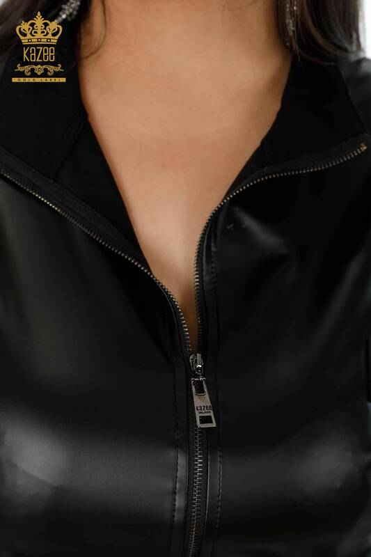 Wholesale Women's Tracksuit Set Leather Zipper Black - 17337 | KAZEE