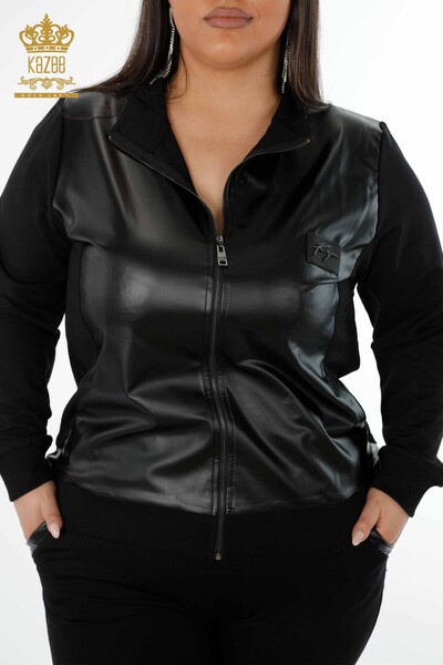 Wholesale Women's Tracksuit Set Leather Zipper Black - 17337 | KAZEE - 2