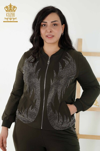 Wholesale Women's Tracksuit Set - Patterned Stone Embroidered Khaki - 17539 | KAZEE - Thumbnail