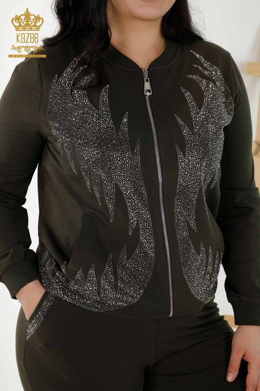 Wholesale Women's Tracksuit Set - Patterned Stone Embroidered Khaki - 17539 | KAZEE