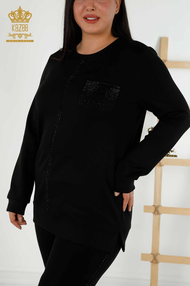 Wholesale Women's Tracksuit Set - Pockets - Stone Embroidered - Black - 20398 | KAZEE - 3