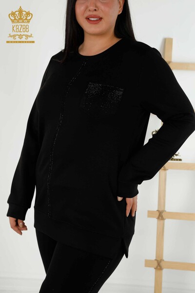 Wholesale Women's Tracksuit Set - Pockets - Stone Embroidered - Black - 20398 | KAZEE - 3