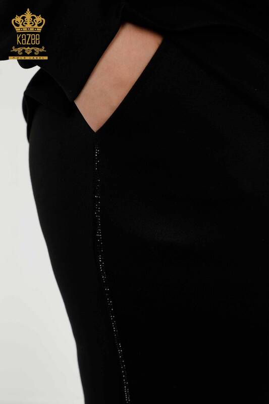 Wholesale Women's Tracksuit Set - Pockets - Stone Embroidered - Black - 20398 | KAZEE