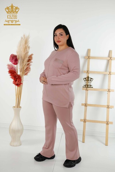 Wholesale Women's Tracksuit Set - Pockets - Stone Embroidered - Rose - 20398 | KAZEE 