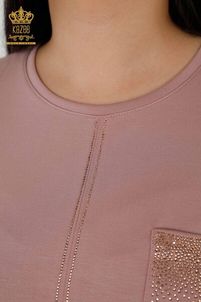 Wholesale Women's Tracksuit Set - Pockets - Stone Embroidered - Rose - 20398 | KAZEE - Thumbnail