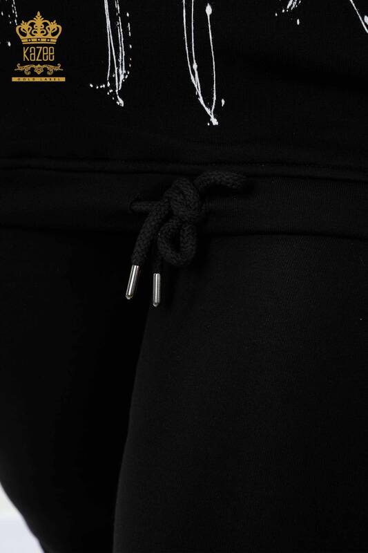 Wholesale Women's Tracksuit Set Black With Printed Pocket - 17296 | KAZEE