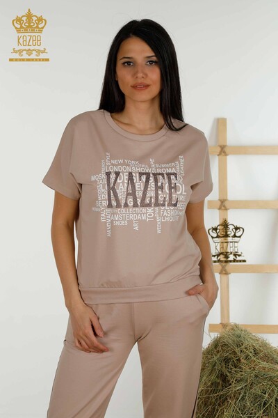 Wholesale Women's Tracksuit Set Printed Short Sleeve Beige - 17206 | KAZEE - Thumbnail