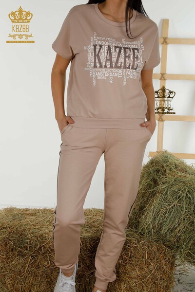 Wholesale Women's Tracksuit Set Printed Short Sleeve Beige - 17206 | KAZEE - Thumbnail