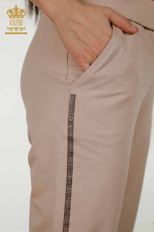 Wholesale Women's Tracksuit Set Printed Short Sleeve Beige - 17206 | KAZEE