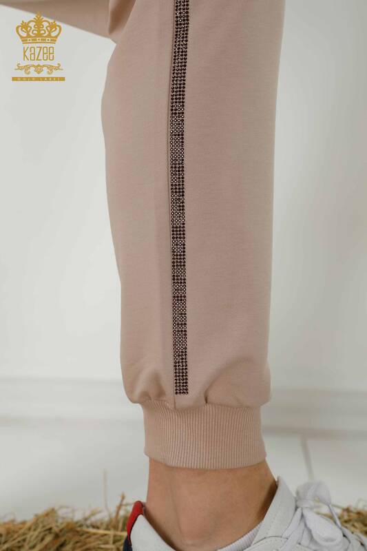 Wholesale Women's Tracksuit Set Printed Short Sleeve Beige - 17206 | KAZEE