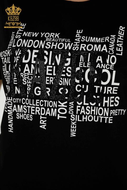 Wholesale Women's Sport Suit Printed Short Sleeve Black - 17206 | KAZEE