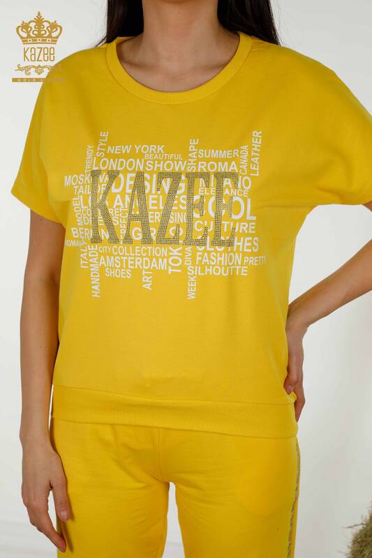 Wholesale Women's Tracksuit Set Printed Short Sleeve Yellow - 17206 | KAZEE
