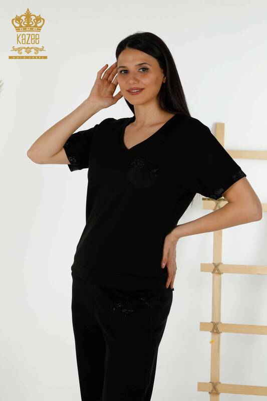 Wholesale Women's Tracksuit Set - Short Sleeve - Black - 20396 | KAZEE