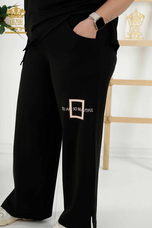 Wholesale Women's Tracksuit Set Short Sleeve Pocket - Black - 17548 | KAZEE