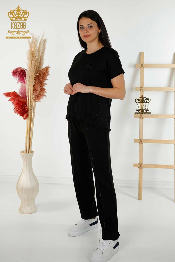 Wholesale Women's Tracksuit Set - Short Sleeve - Pocket - Black - 20390 | KAZEE - 1